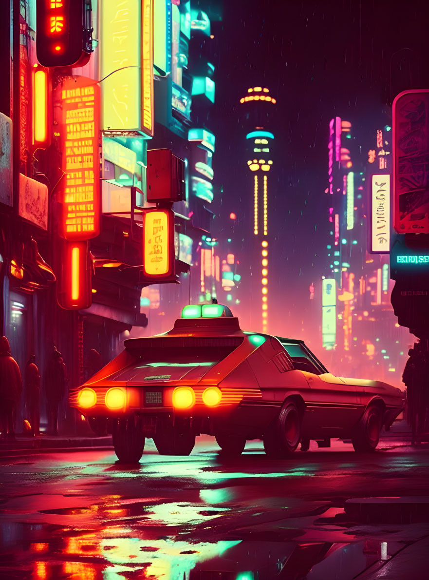 Nighttime retro-futuristic cityscape with neon signs, classic car, and skyscrapers