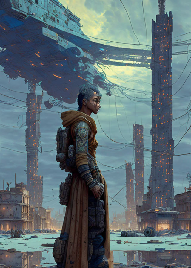 Futuristic armor person gazes at colossal ship in dystopian cityscape