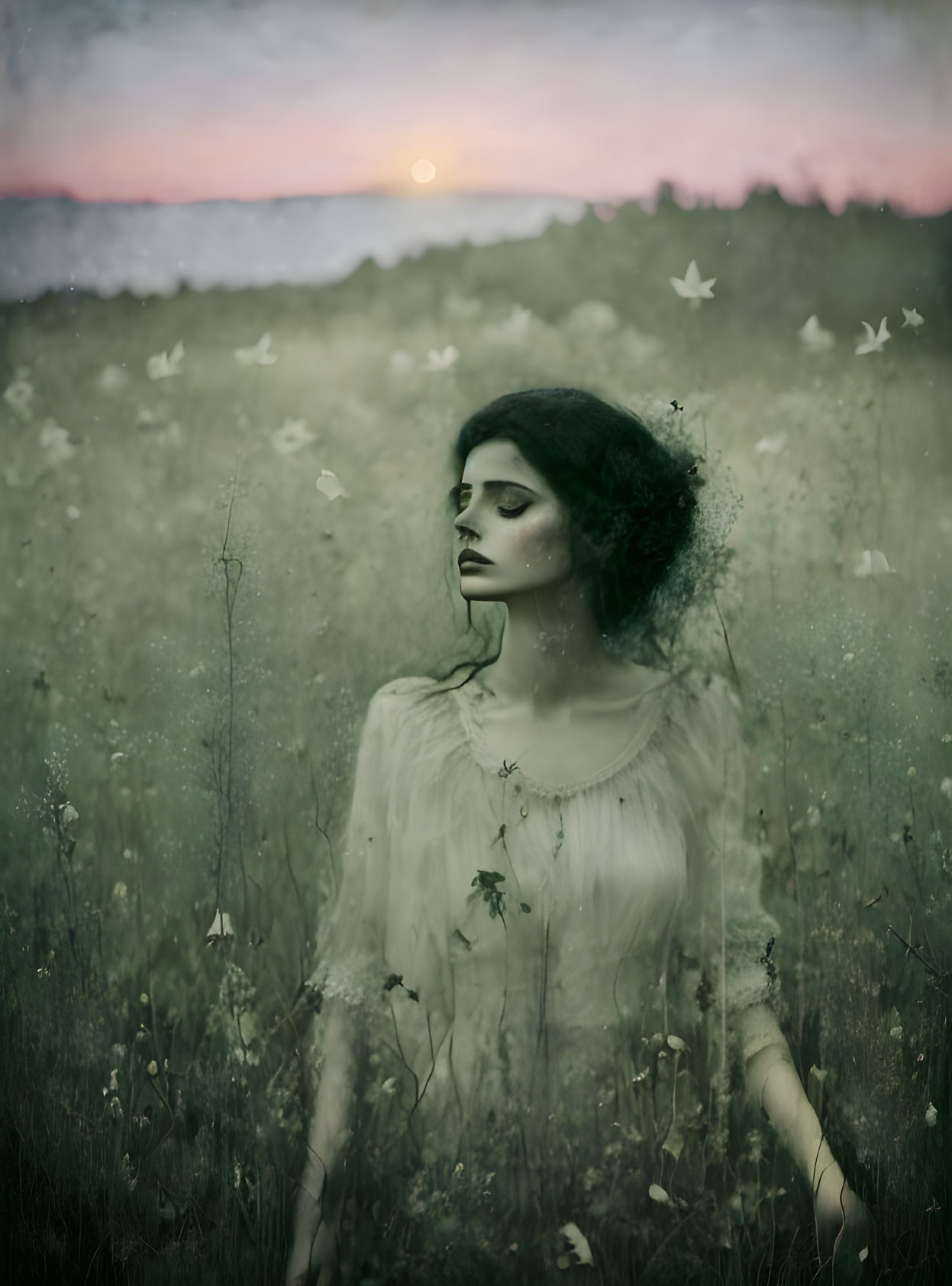 Woman in Meadow with Butterflies at Dusk