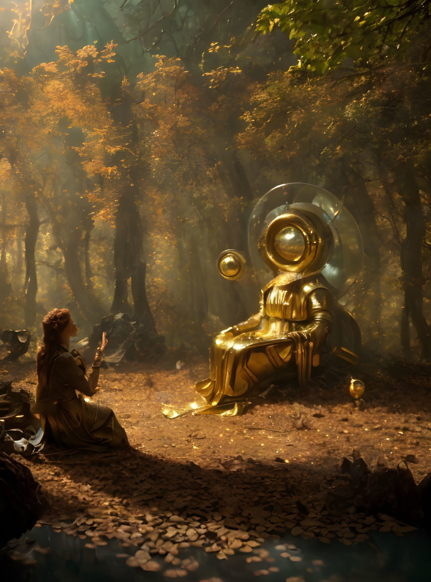 Woman in forest clearing gazes at oversized glowing robotic figure