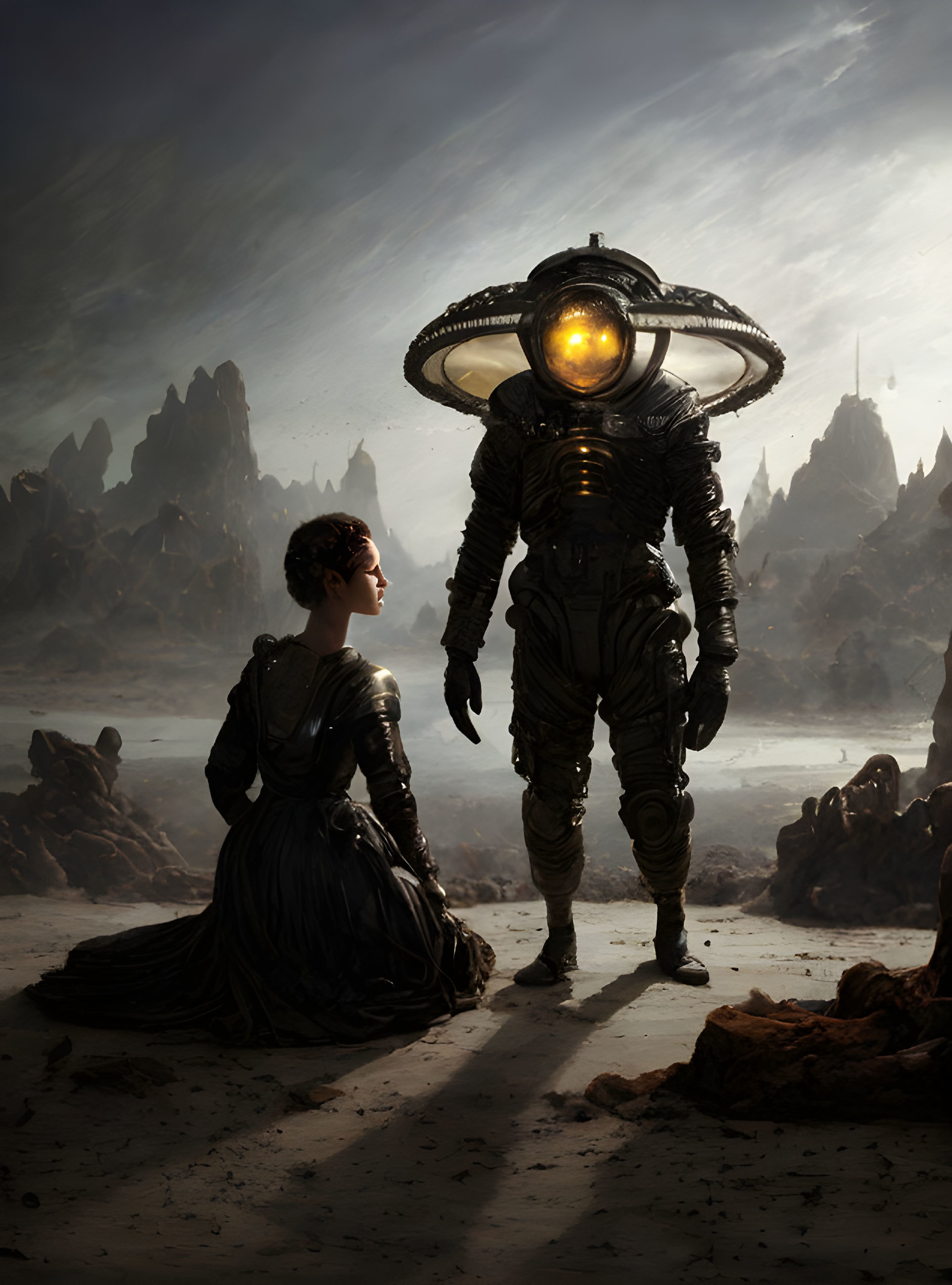 Victorian woman gazes at figure in antiquated diving suit amid rocky landscape