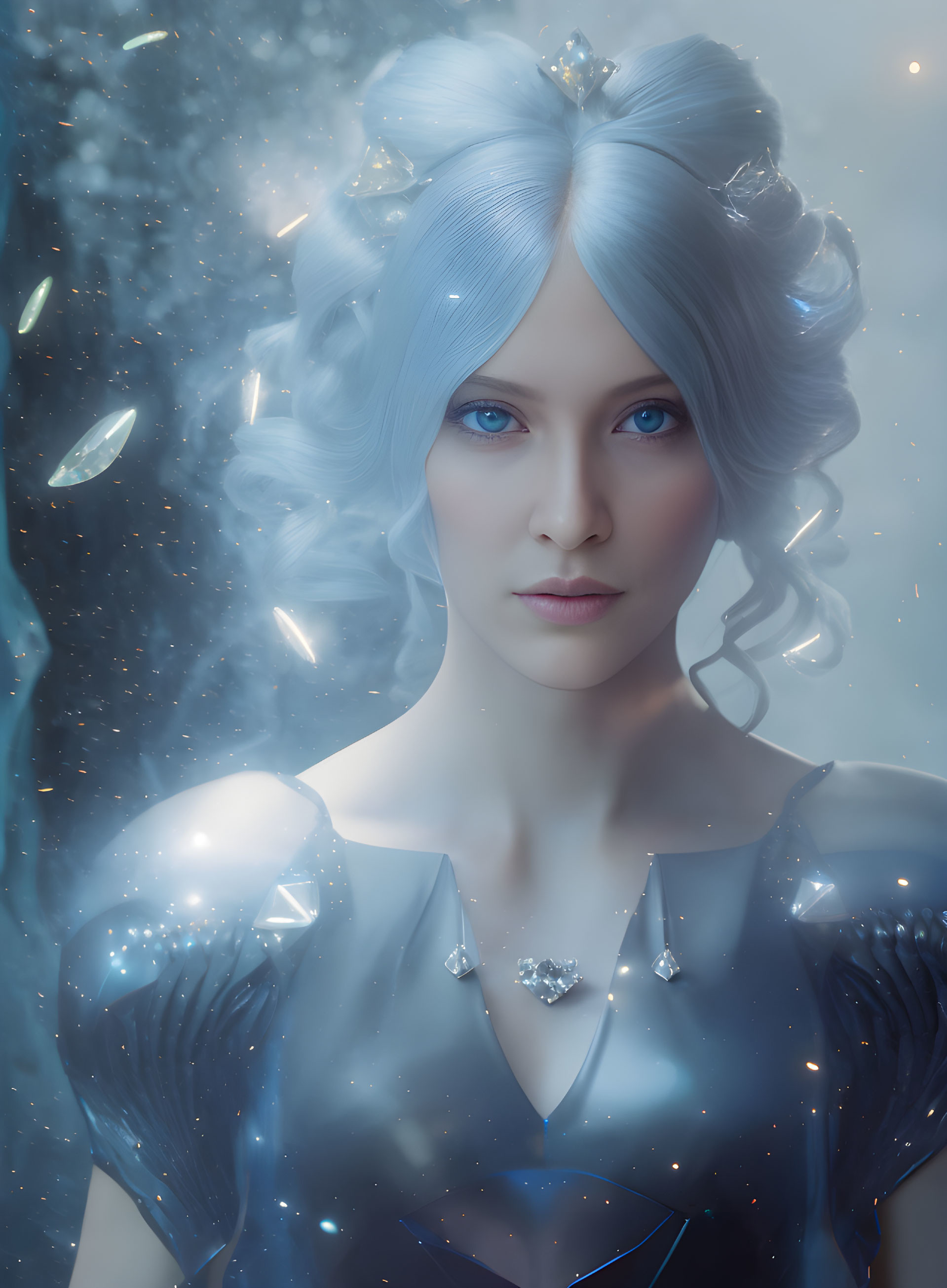 Fantastical Female Figure with Pale Blue Hair and Striking Blue Eyes