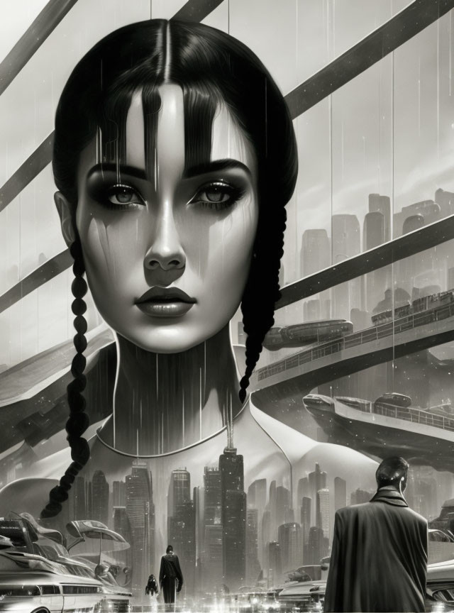 Futuristic cityscape featuring female android face, human figures, and flying cars