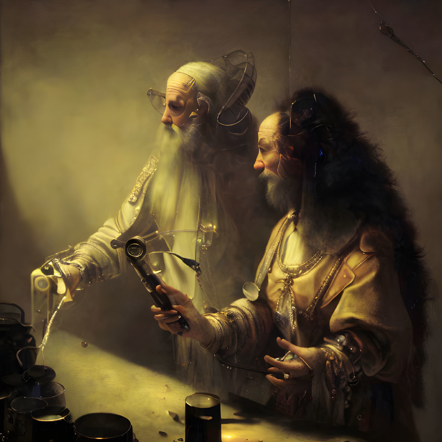 Historical costume individuals conduct alchemical experiment in dim room