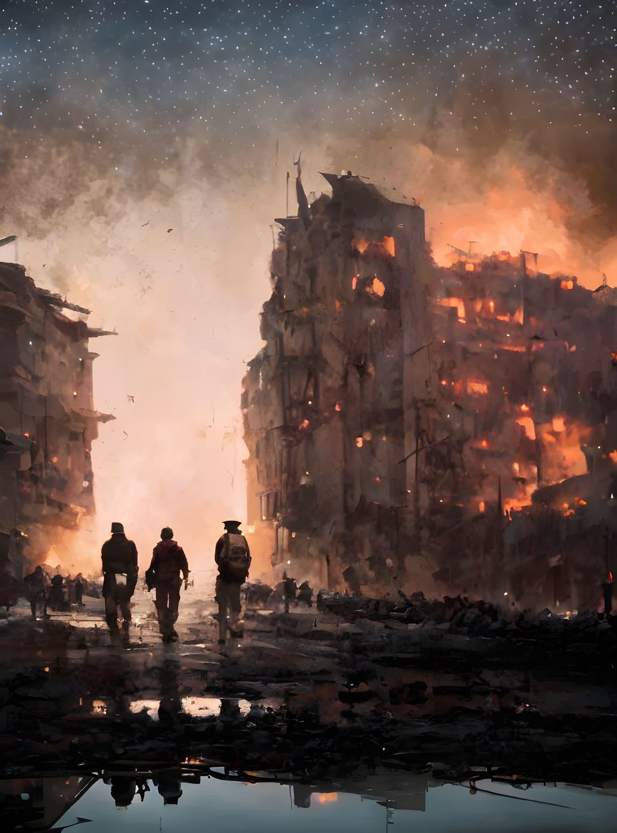 Silhouetted figures walking towards a burning cityscape at dusk.