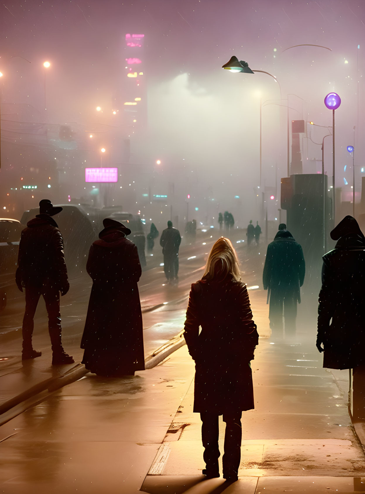 City sidewalk at night with woman and silhouettes under streetlights