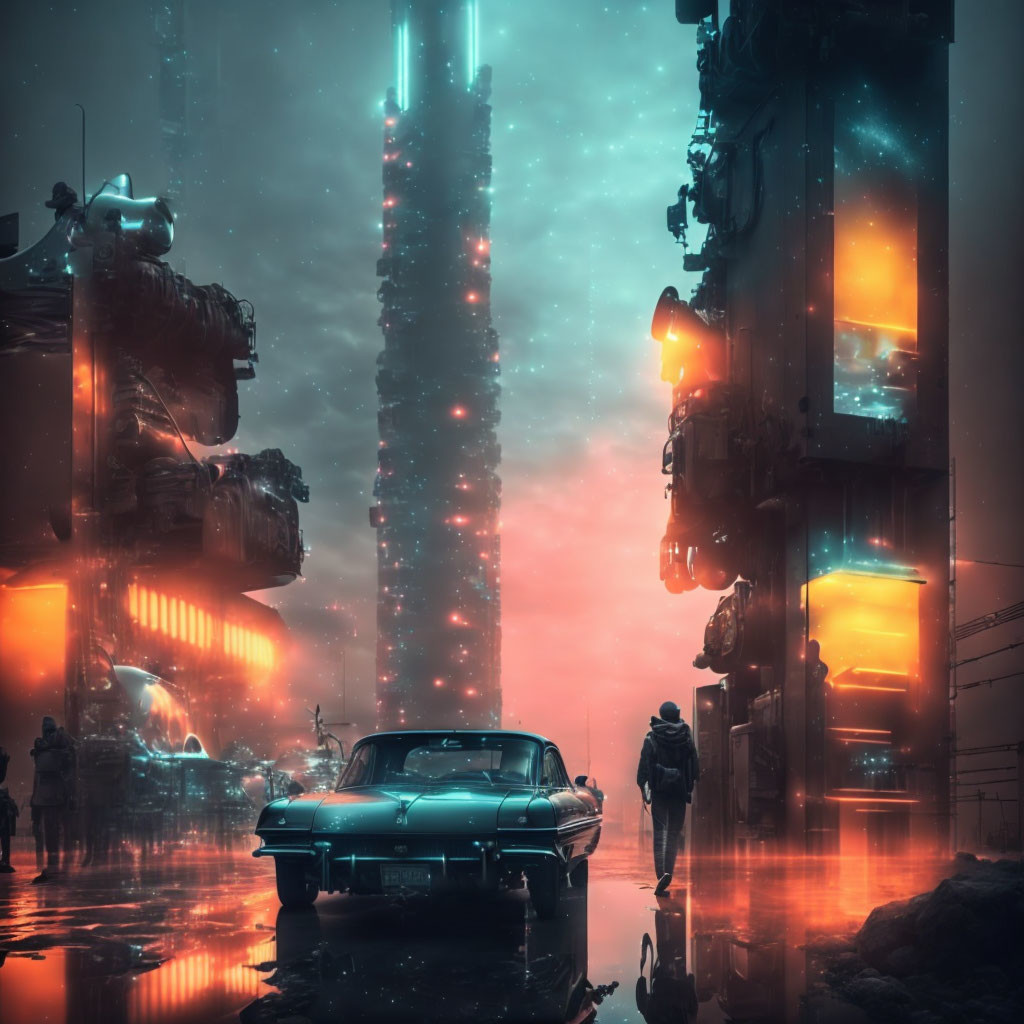 Retro-futuristic cityscape with classic car, lone figure, skyscrapers, and red