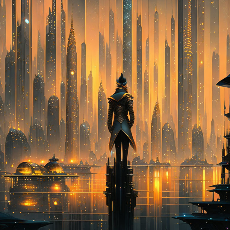 Armored figure gazes at futuristic cityscape at twilight