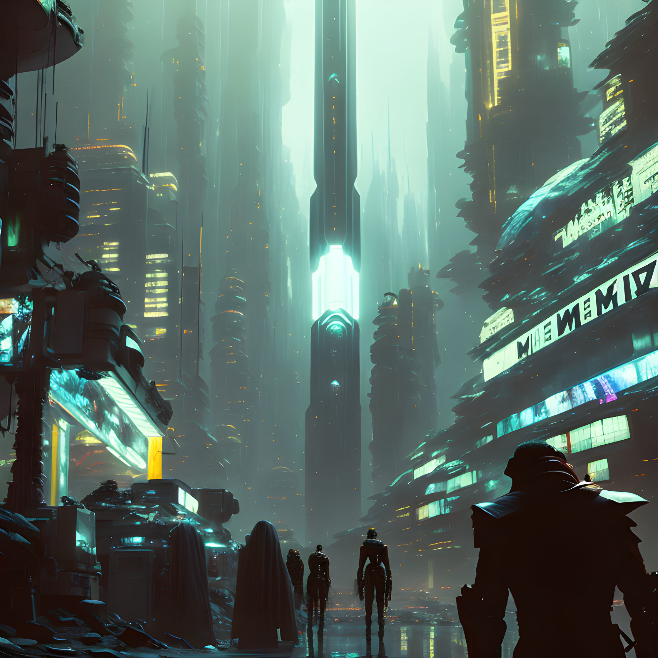 Nighttime futuristic cityscape with skyscrapers, neon signs, and silhouettes in misty