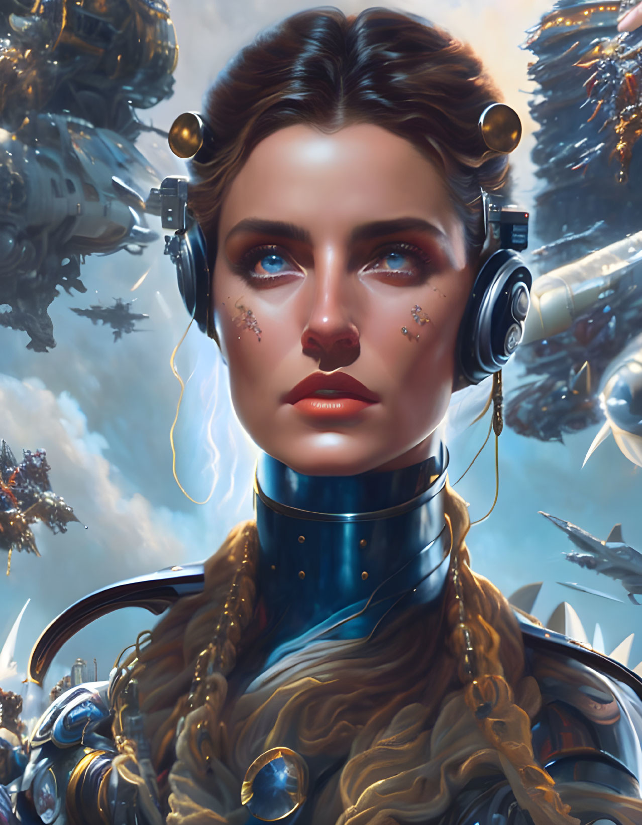 Realistic female android with headset in futuristic setting