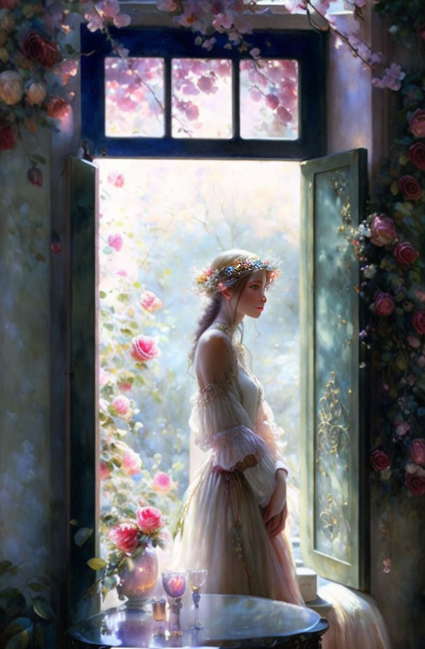 Woman with flower crown gazes at garden through open door surrounded by roses and sunlight.