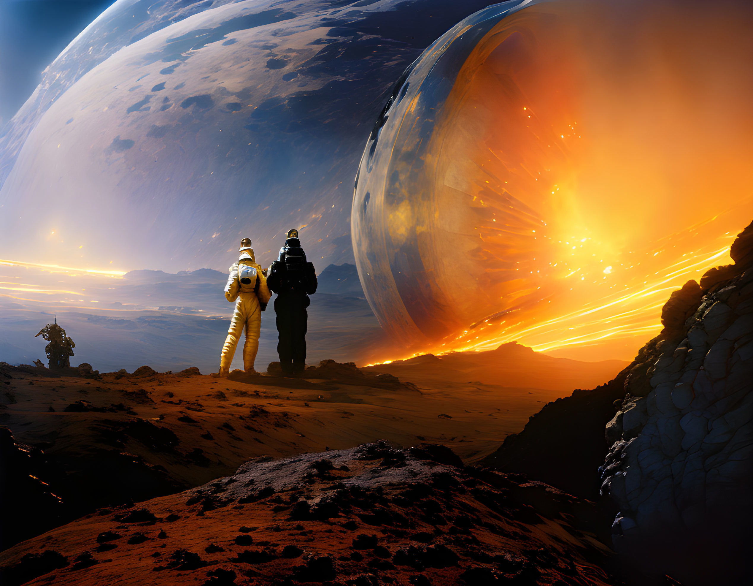 Astronauts observing celestial body near rocky surface with fiery sphere under dramatic sky