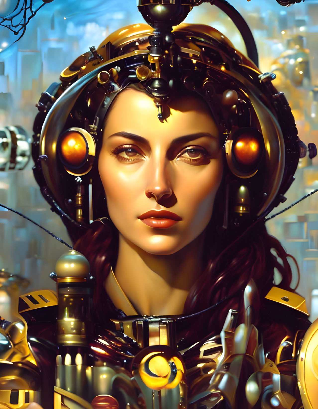 Futuristic female android with golden helmet in abstract cityscape.