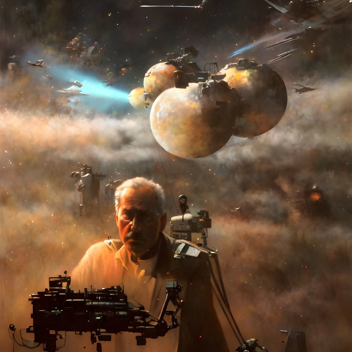 Elderly man with filming equipment in front of space battle scene