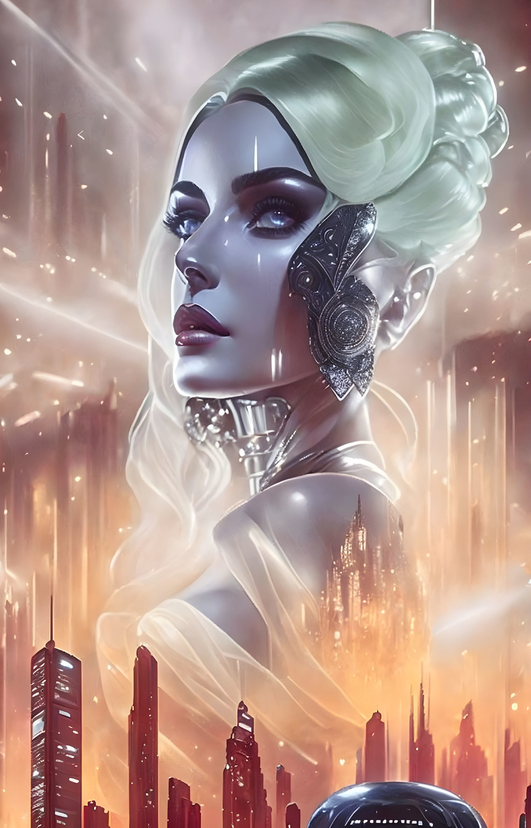 Futuristic digital artwork: Pale-skinned woman with green hair and cybernetic enhancements in city