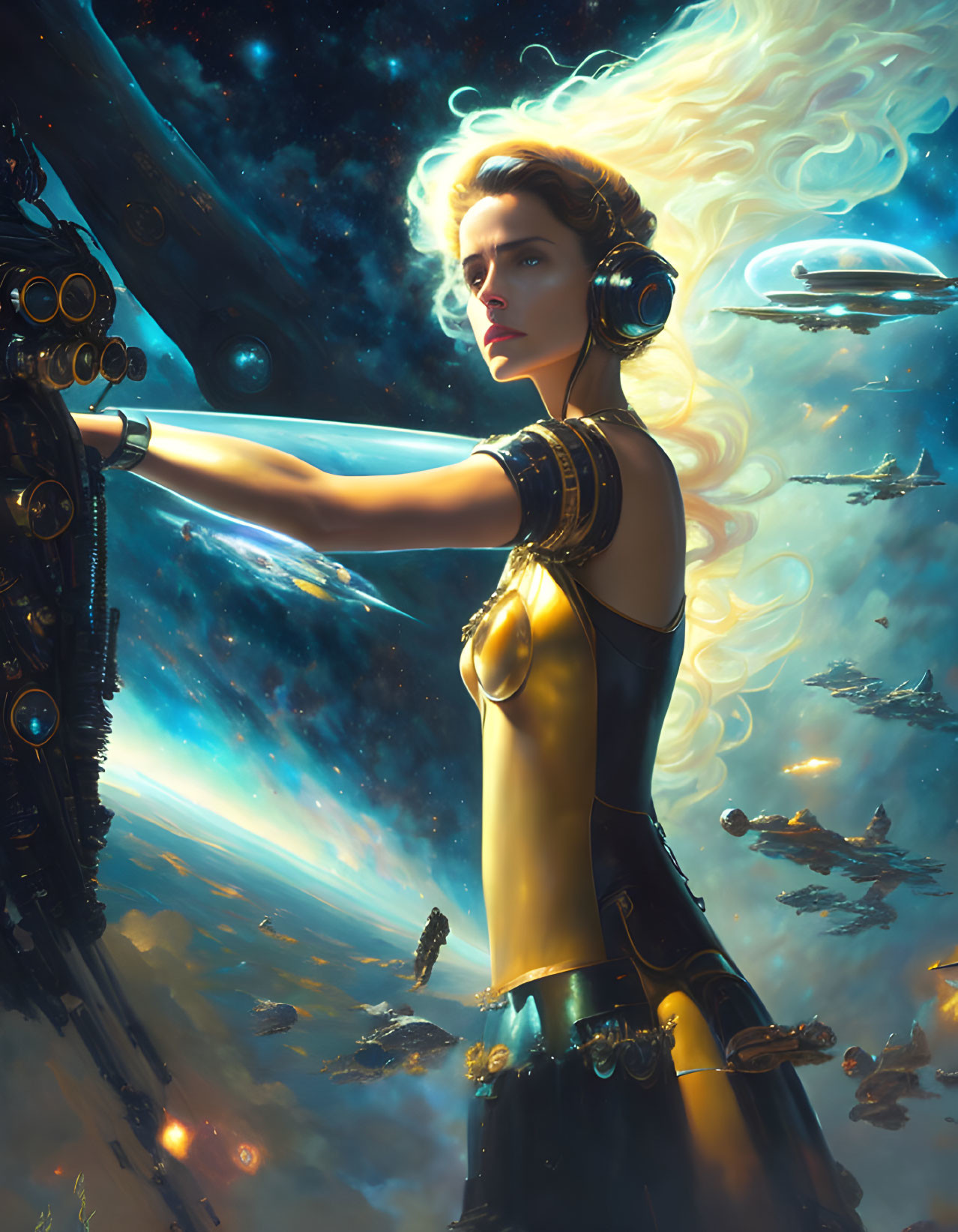 Golden-armored futuristic woman in cosmic setting with spaceships and stars.