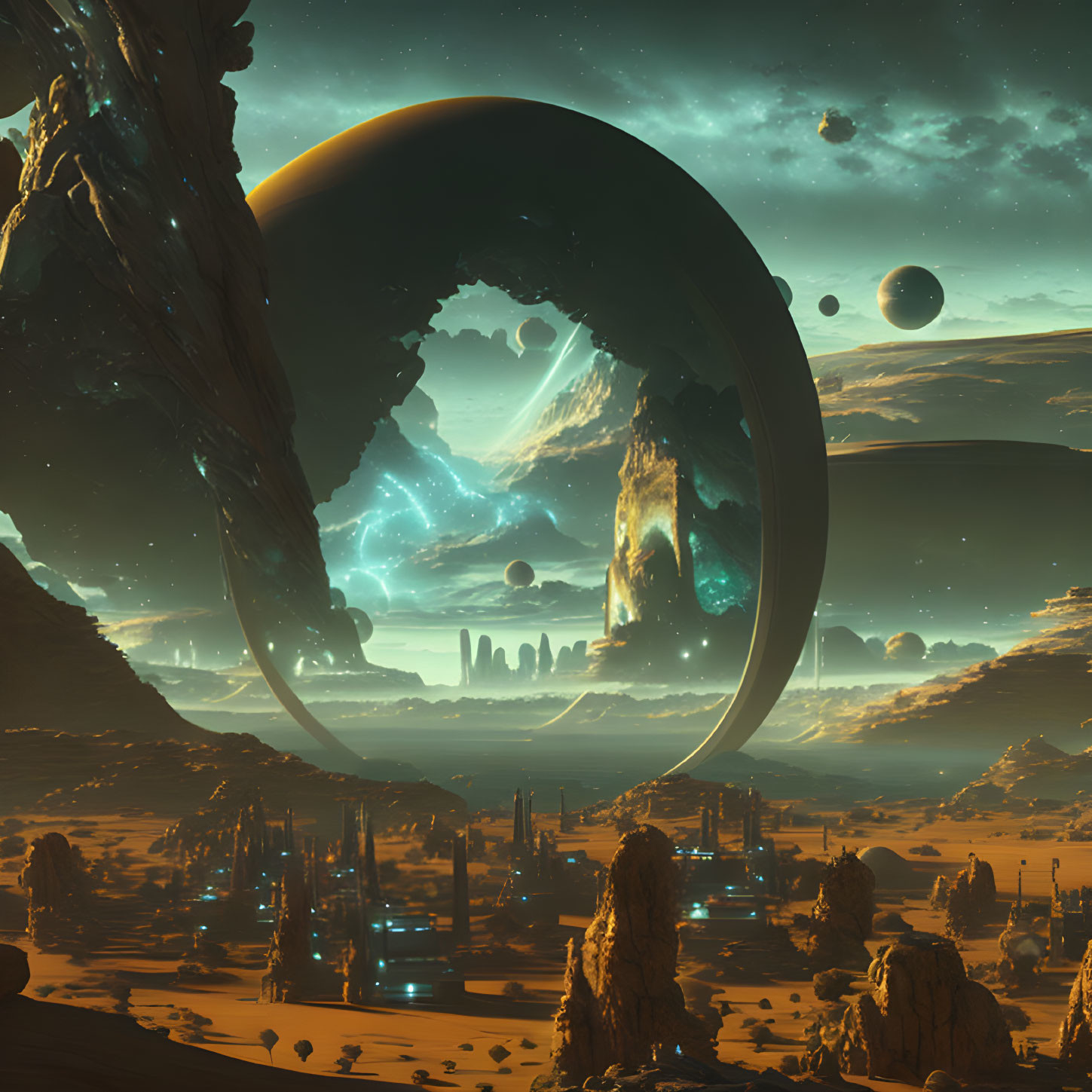 Futuristic landscape with ring structure and celestial bodies