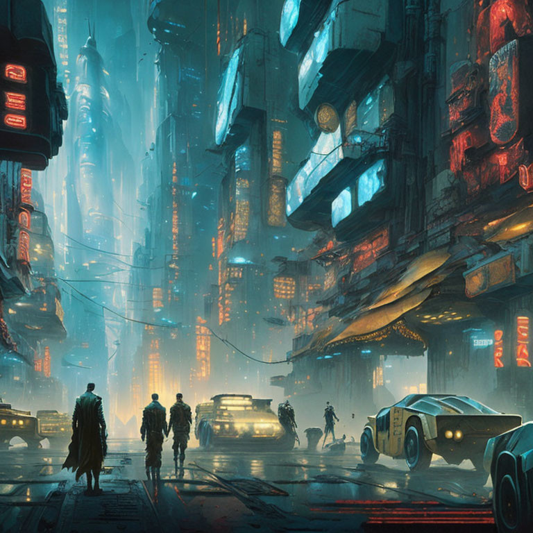 Futuristic cityscape with skyscrapers, neon signs, and hovering vehicle at dusk