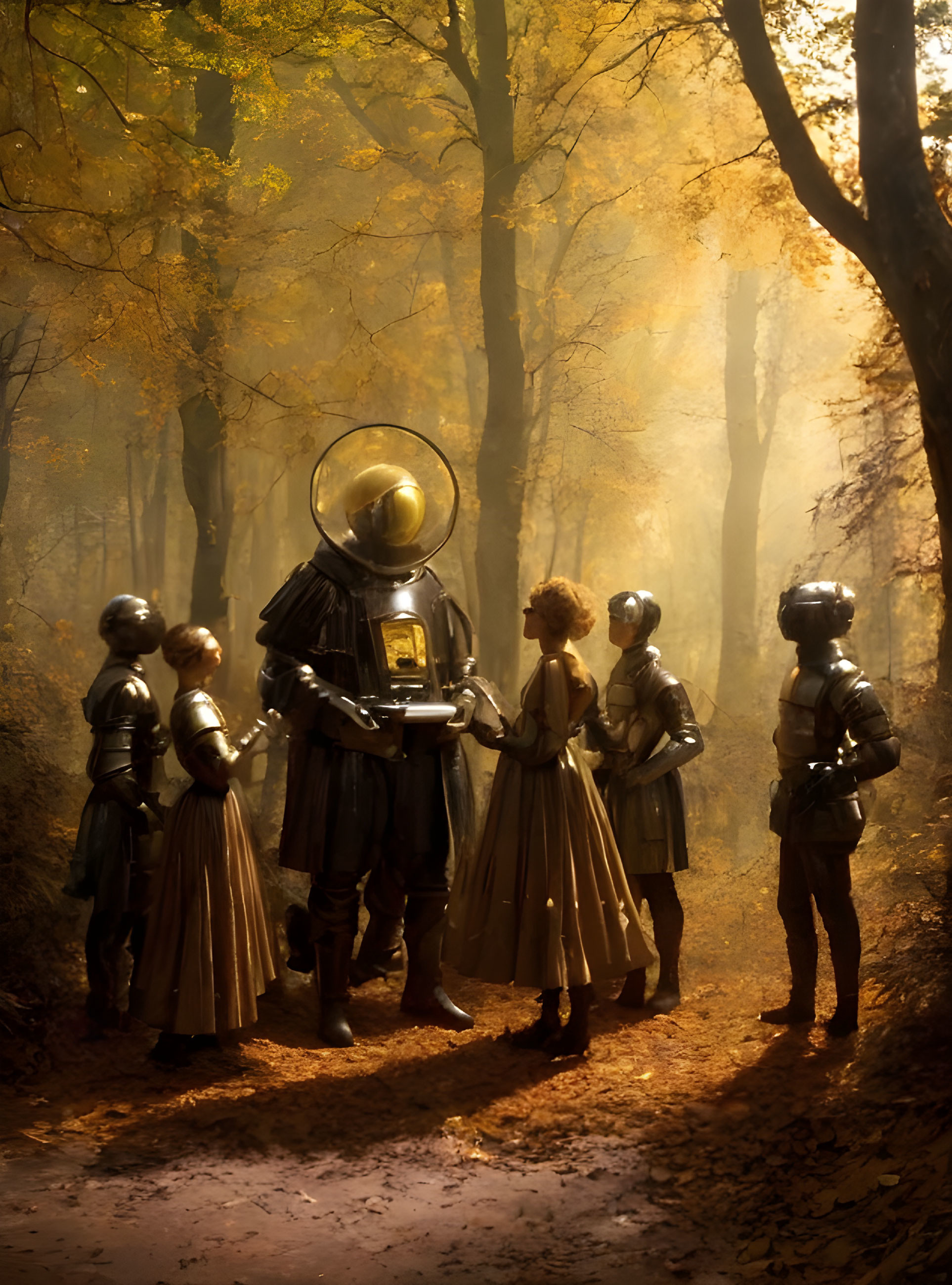 Group in Vintage Diving Helmets and Victorian Attire in Misty Forest