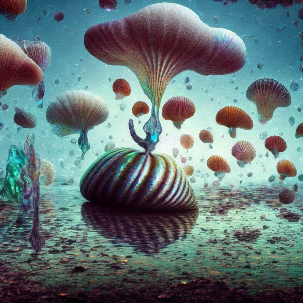 Surreal underwater scene with jellyfish-like creatures and striped seashell in teal-tinted