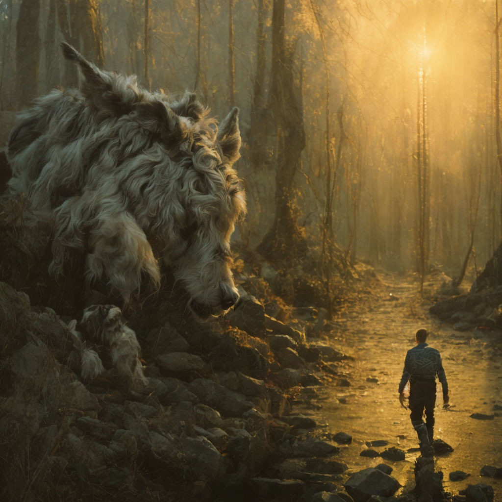 Person walking in forest with mystical furry creature under golden sunlight