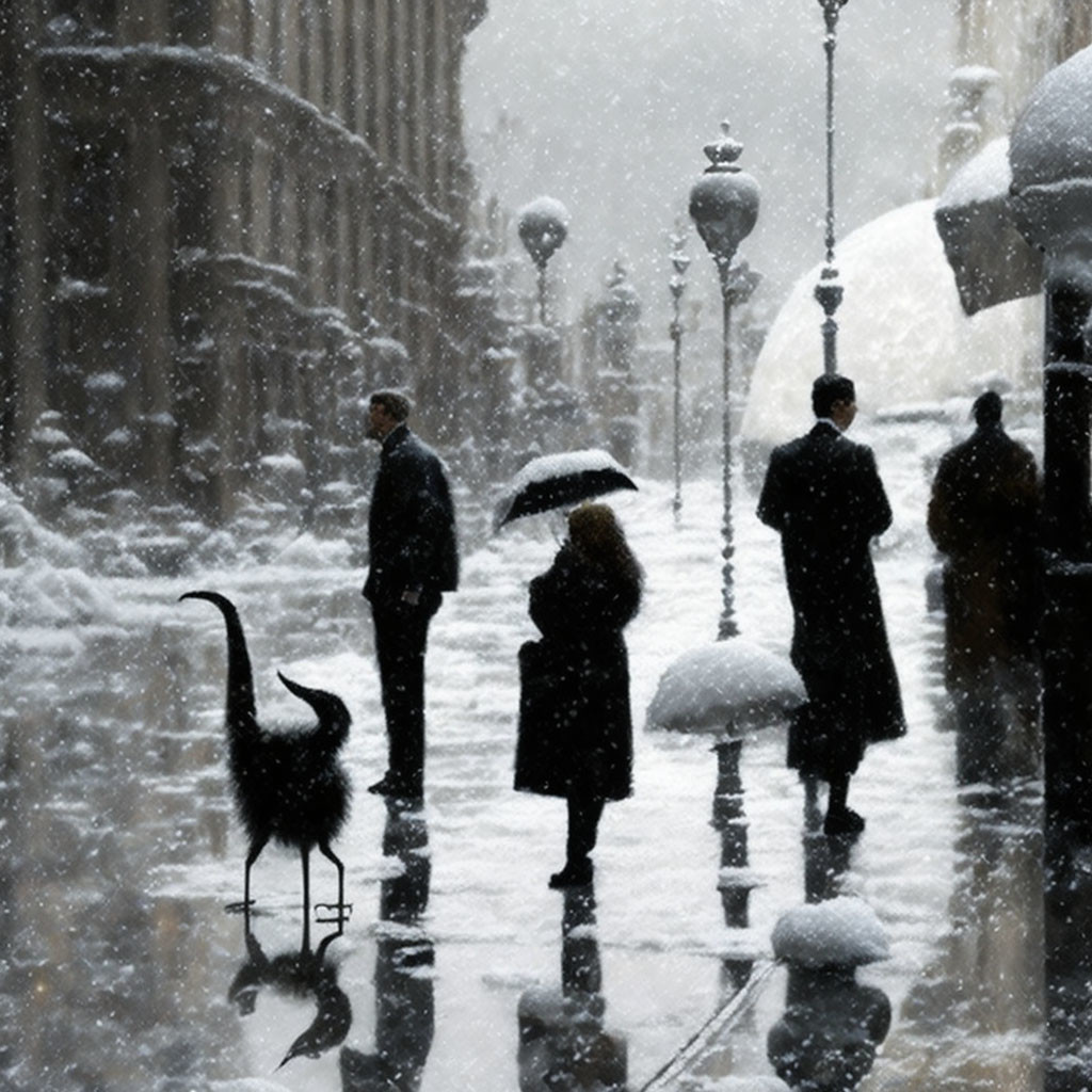 Snowy street scene with people, bird statue, and umbrellas on lamp-lined road