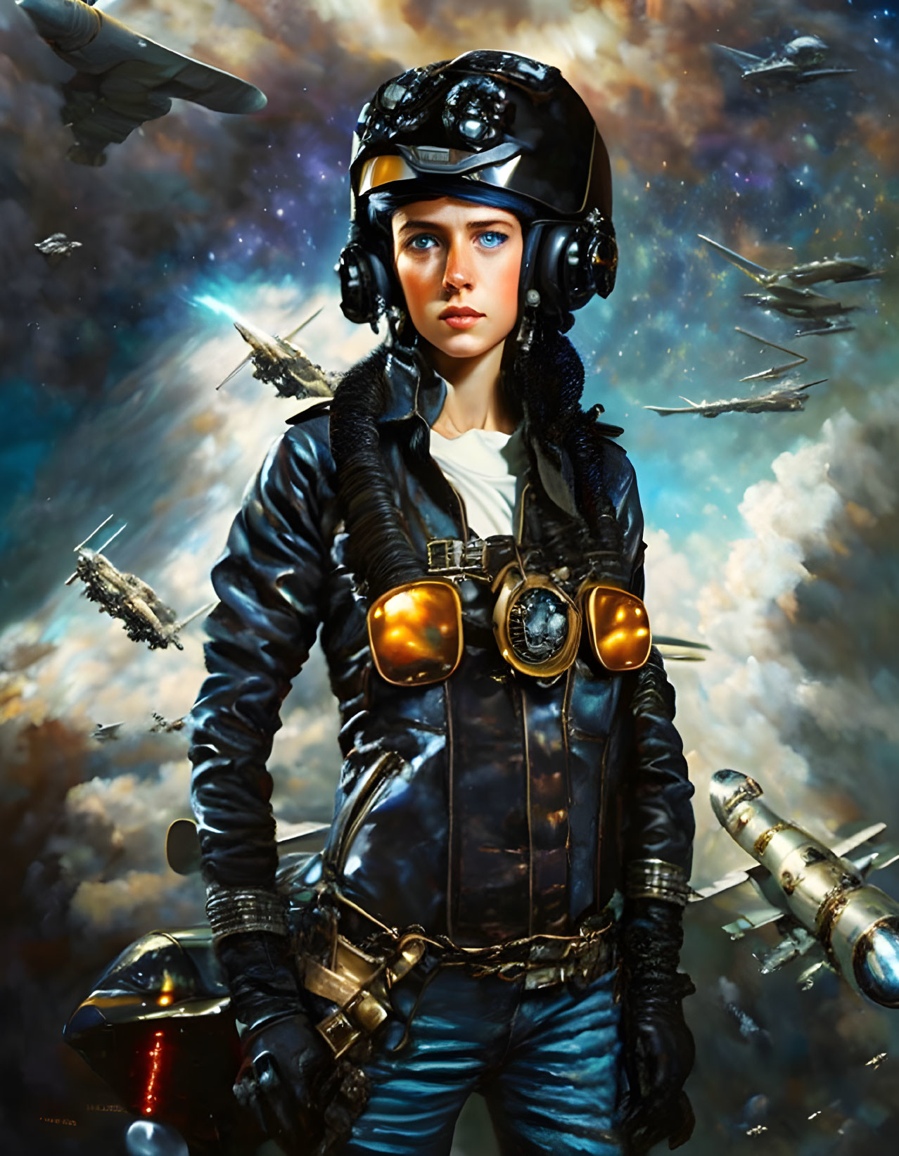 Female pilot in futuristic attire with steampunk goggles, surrounded by starships and cosmic skies