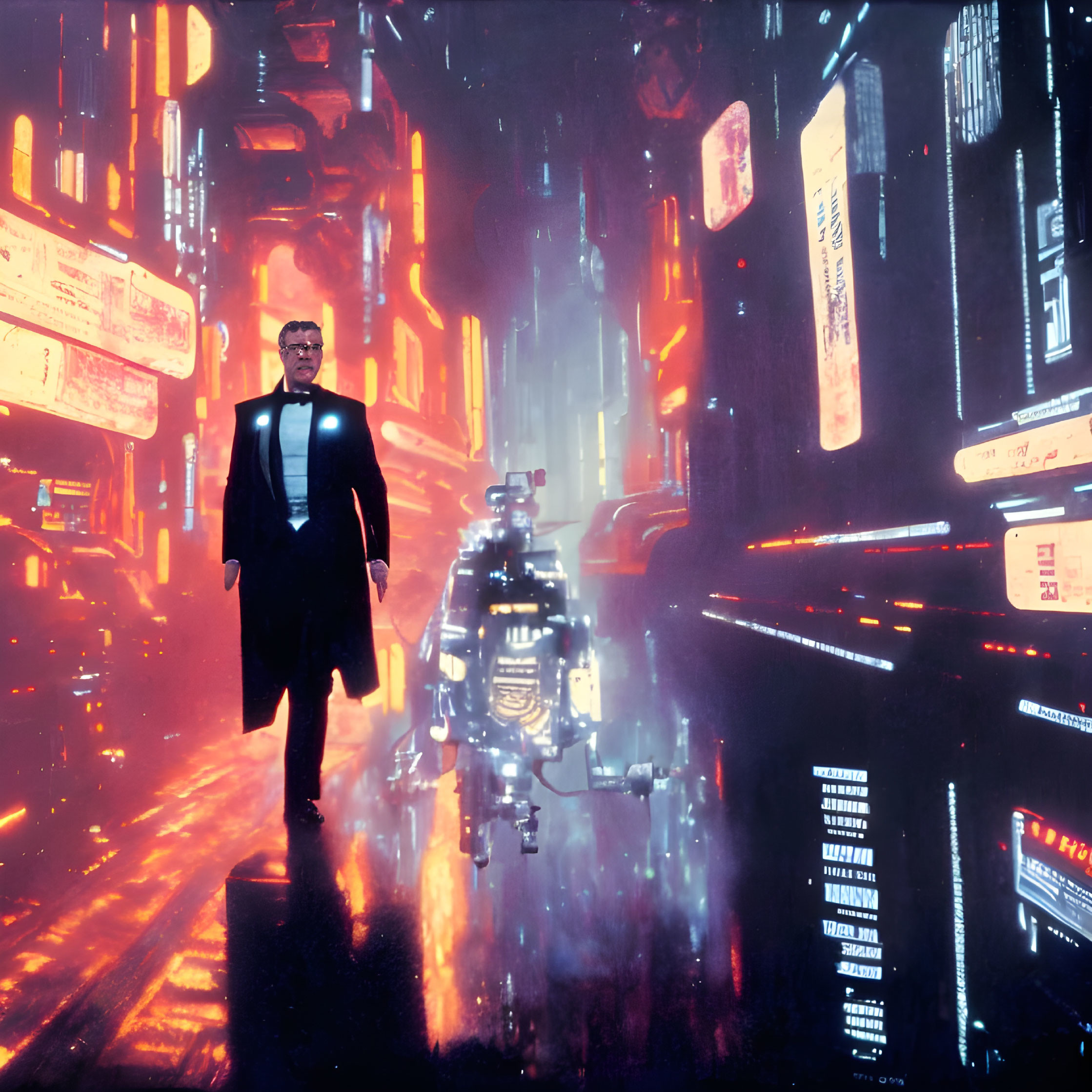 Man in suit in neon-lit cyberpunk cityscape with futuristic architecture and robotic figure.