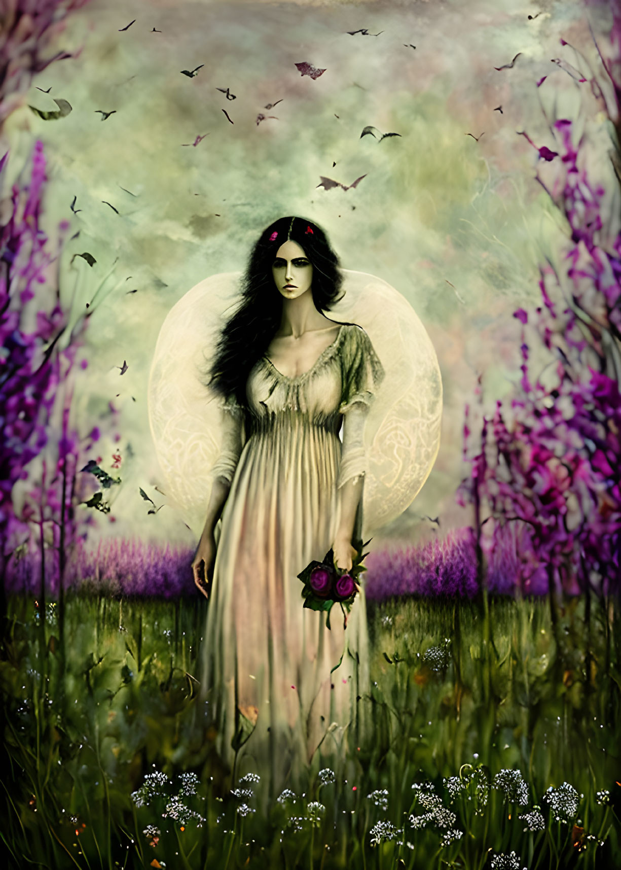 Dark-haired woman in fantasy meadow with dark rose, full moon, and flying birds