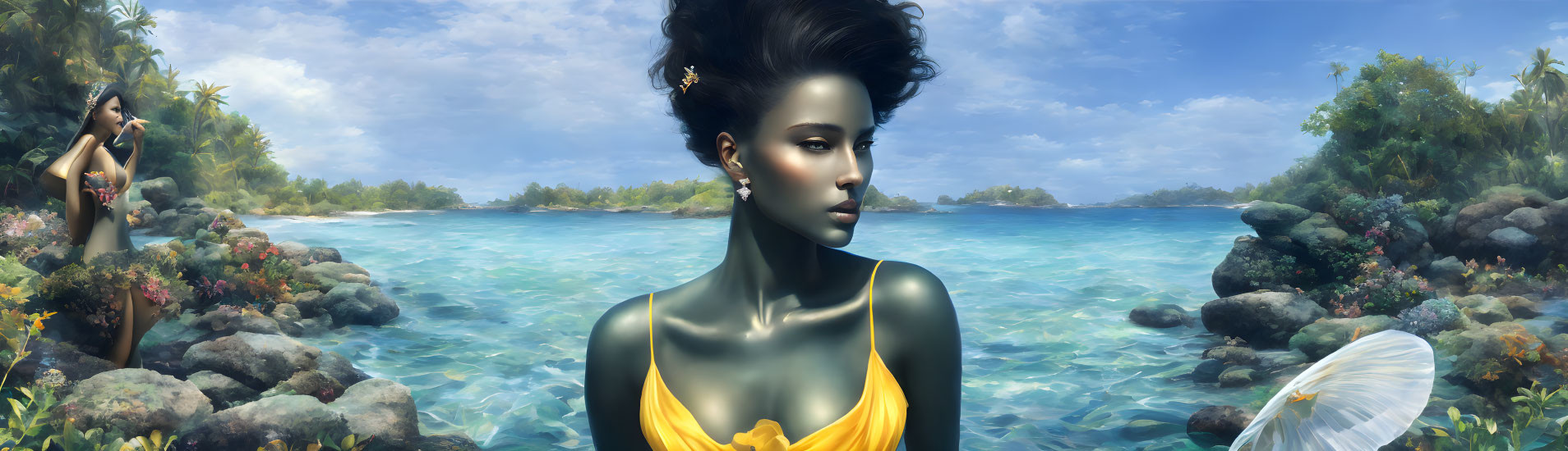 Digital artwork: Woman in yellow dress with elegant hairstyle on tranquil tropical beachscape