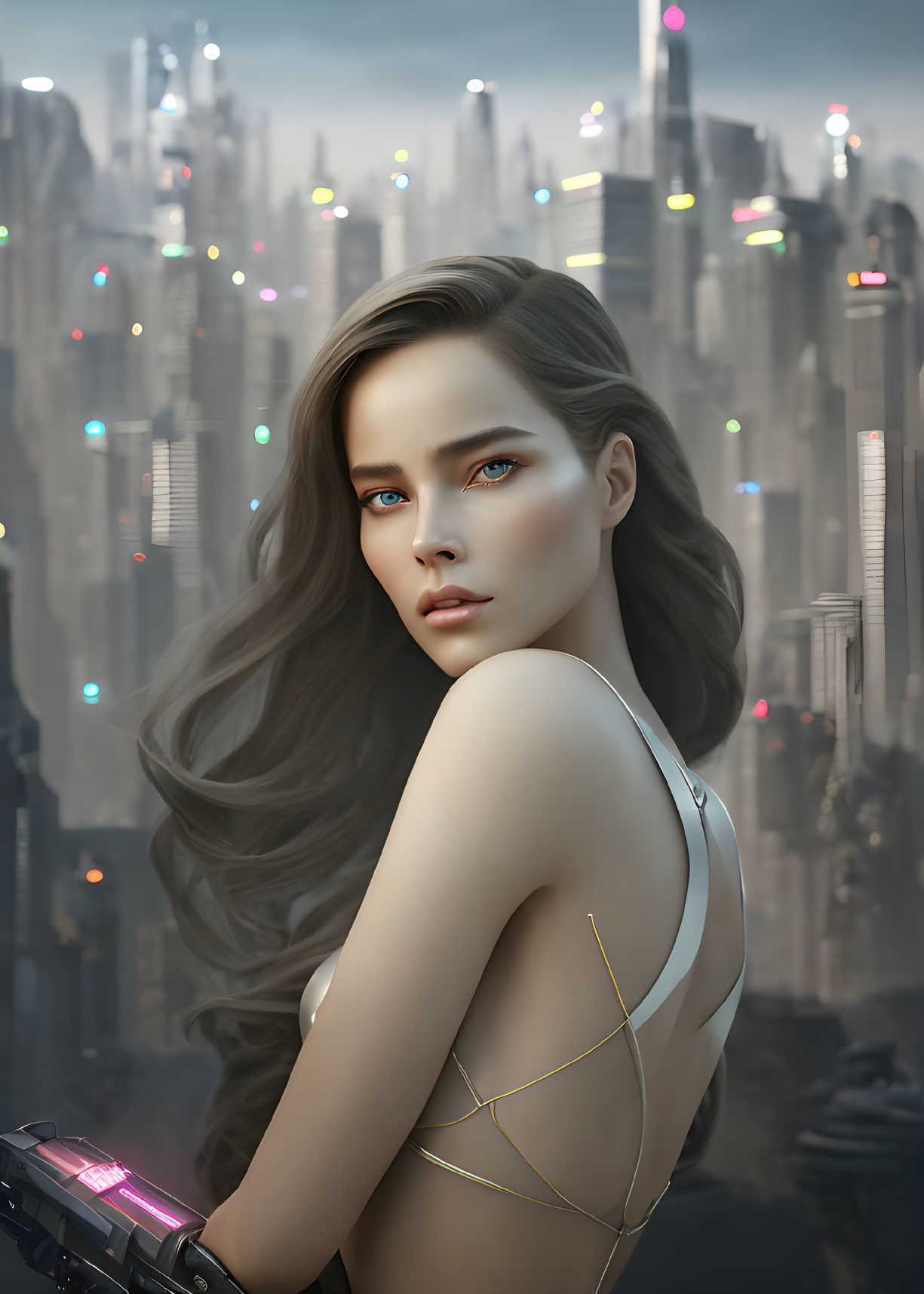 Futuristic digital artwork: Woman with flowing hair and weapon in high-tech cityscape