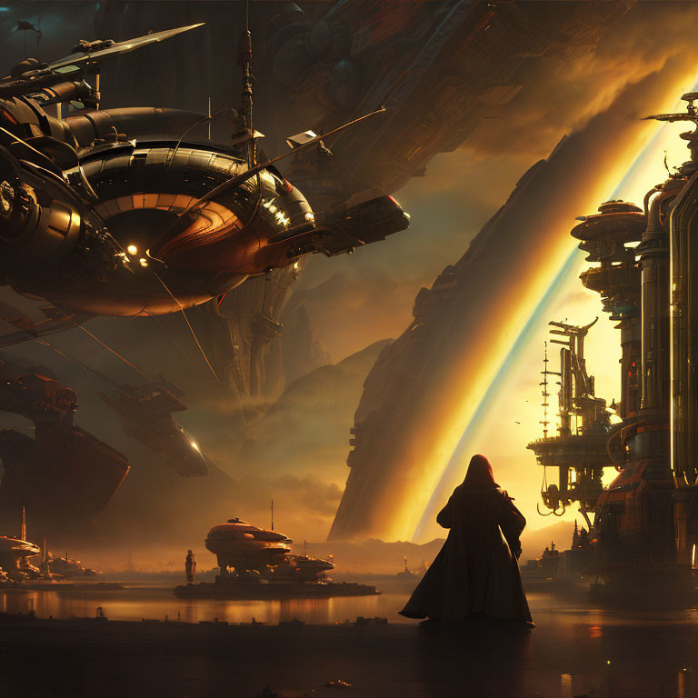 Robed Figure in Futuristic Cityscape at Sunset