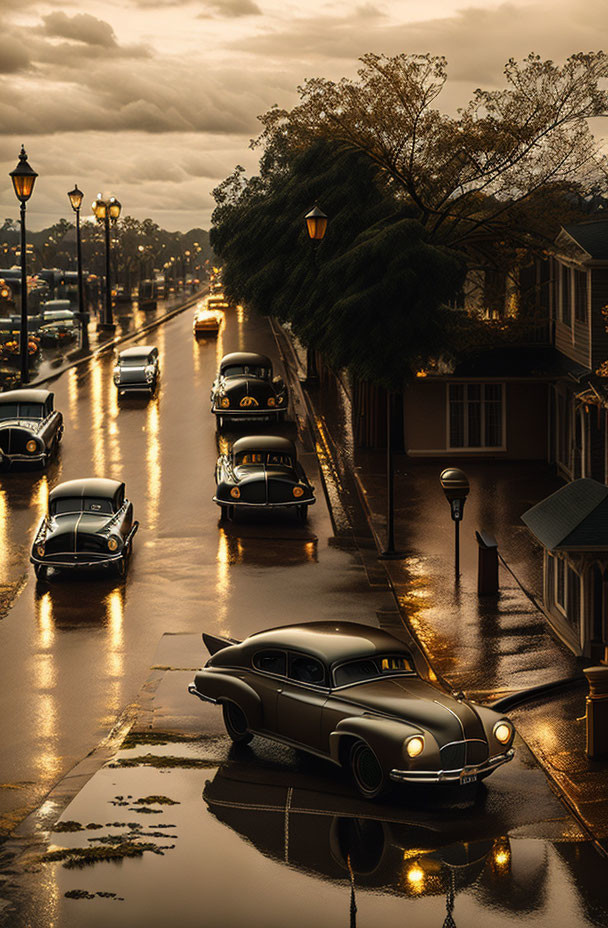 Classic Cars Drive on Wet Street at Dusk