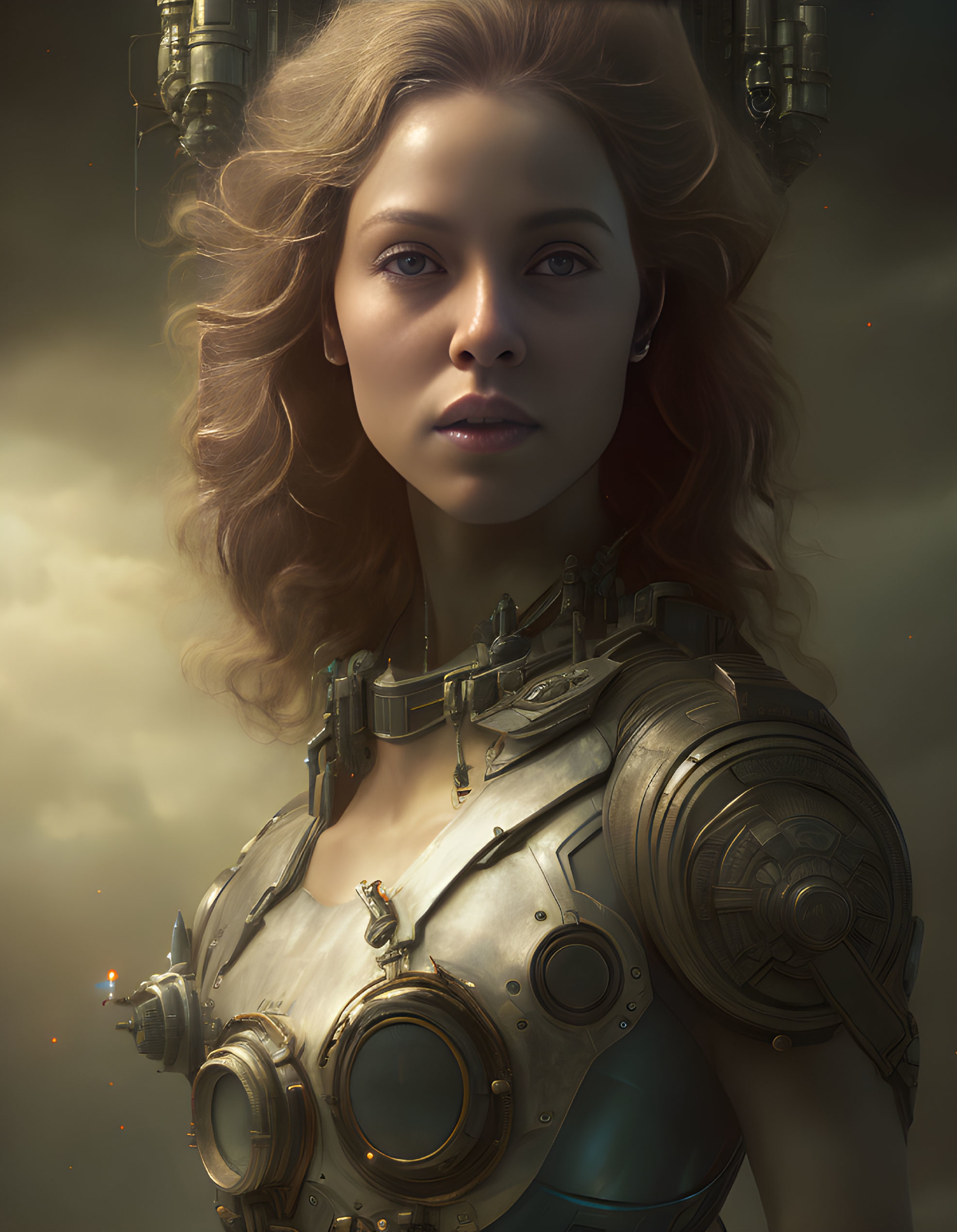 Digital portrait of woman with human and mechanical features against cloudy backdrop