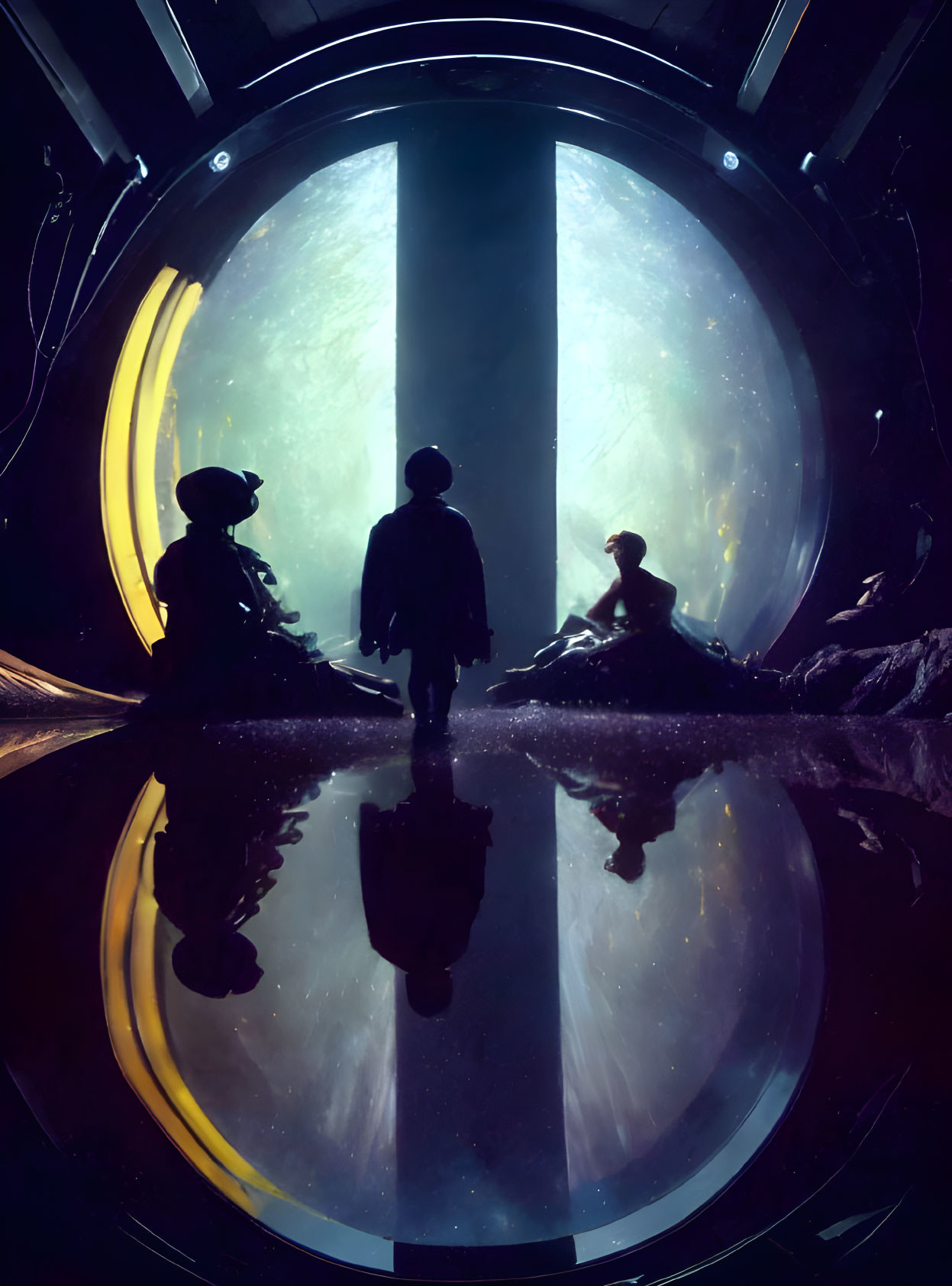 Three people silhouetted against large cylindrical aquarium with vibrant marine life and reflections on glossy floor.