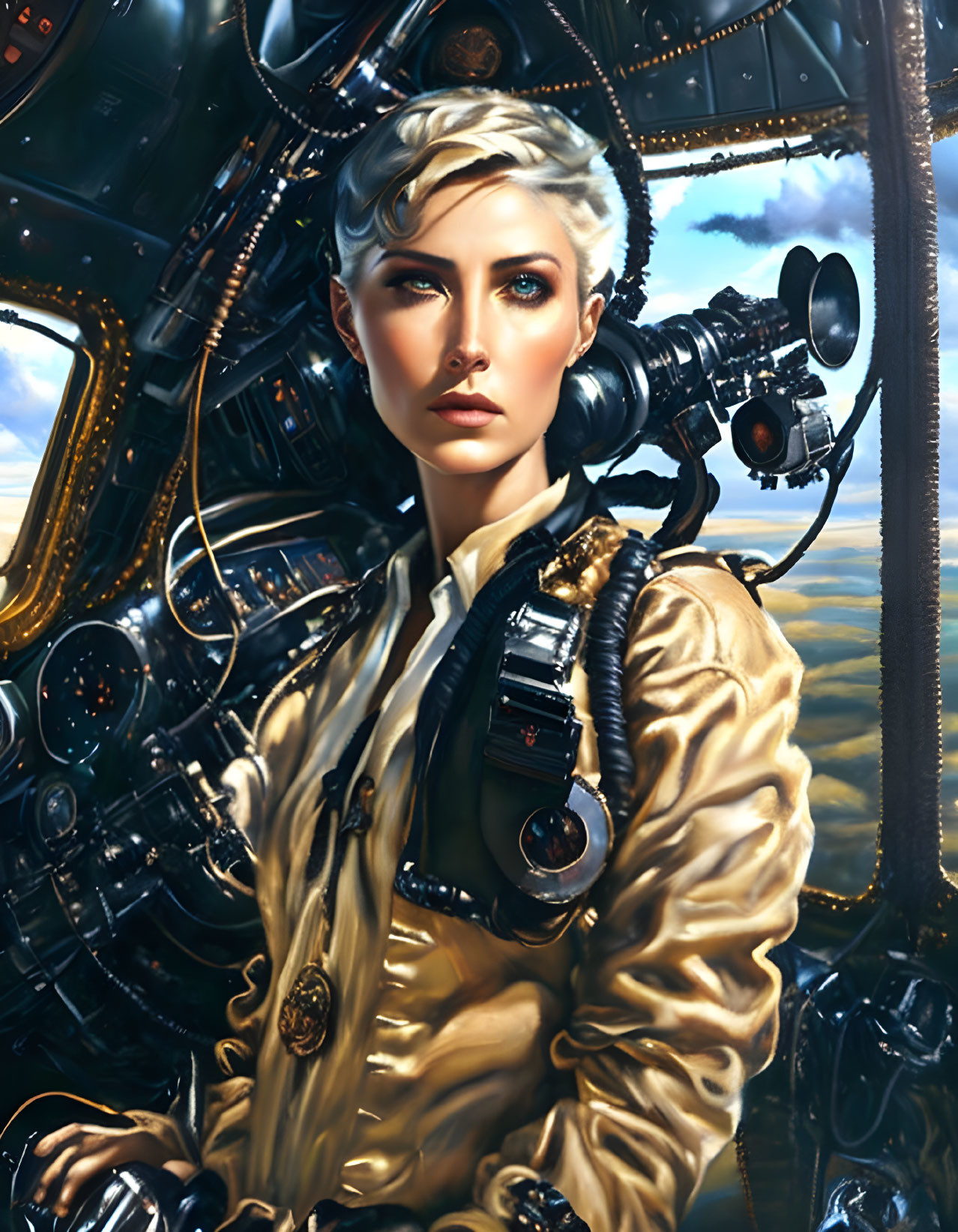 Blonde woman in golden pilot's jacket in cockpit scene.