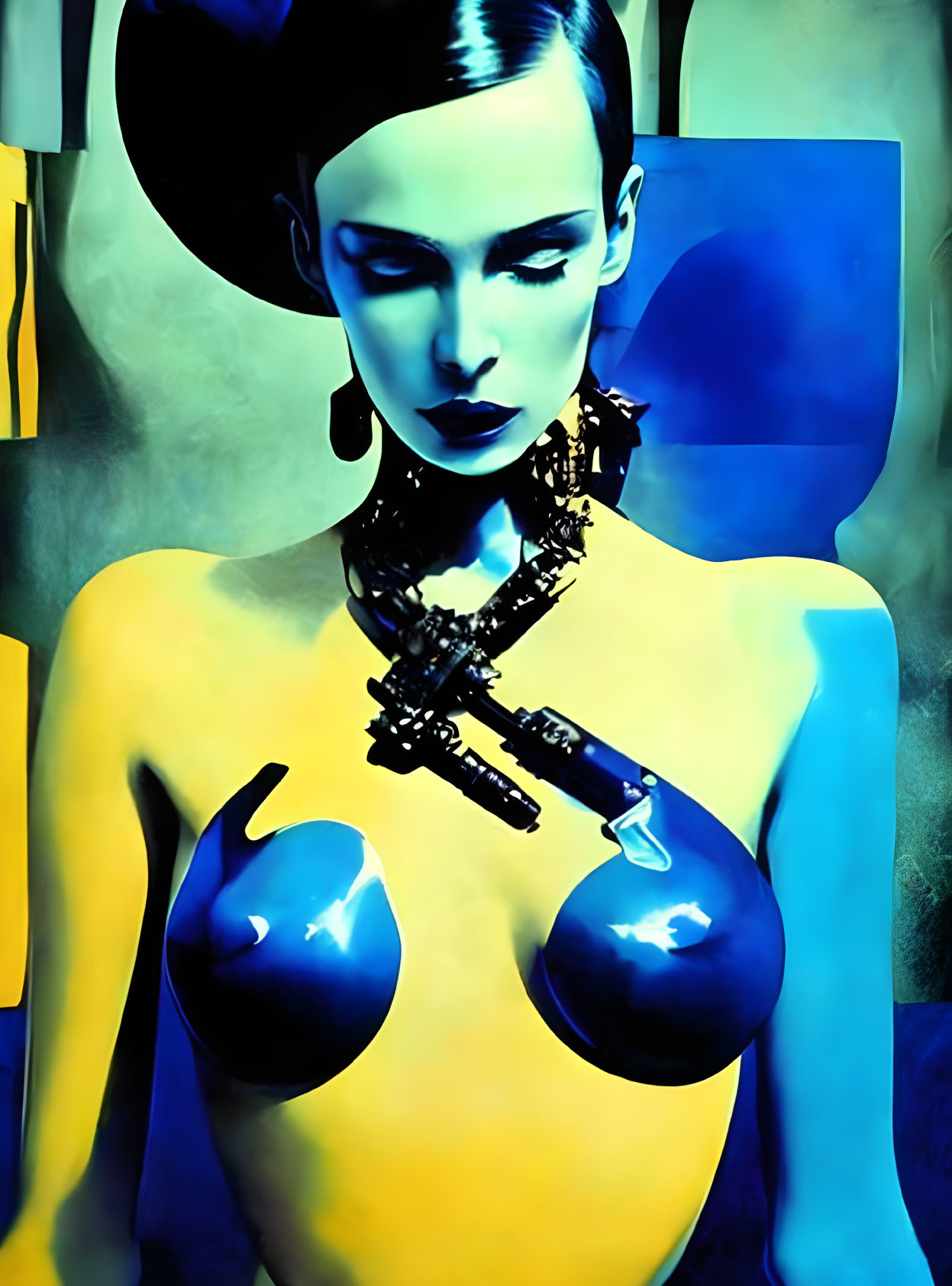 Exaggerated blue-skinned woman with bold makeup and decorative necklace