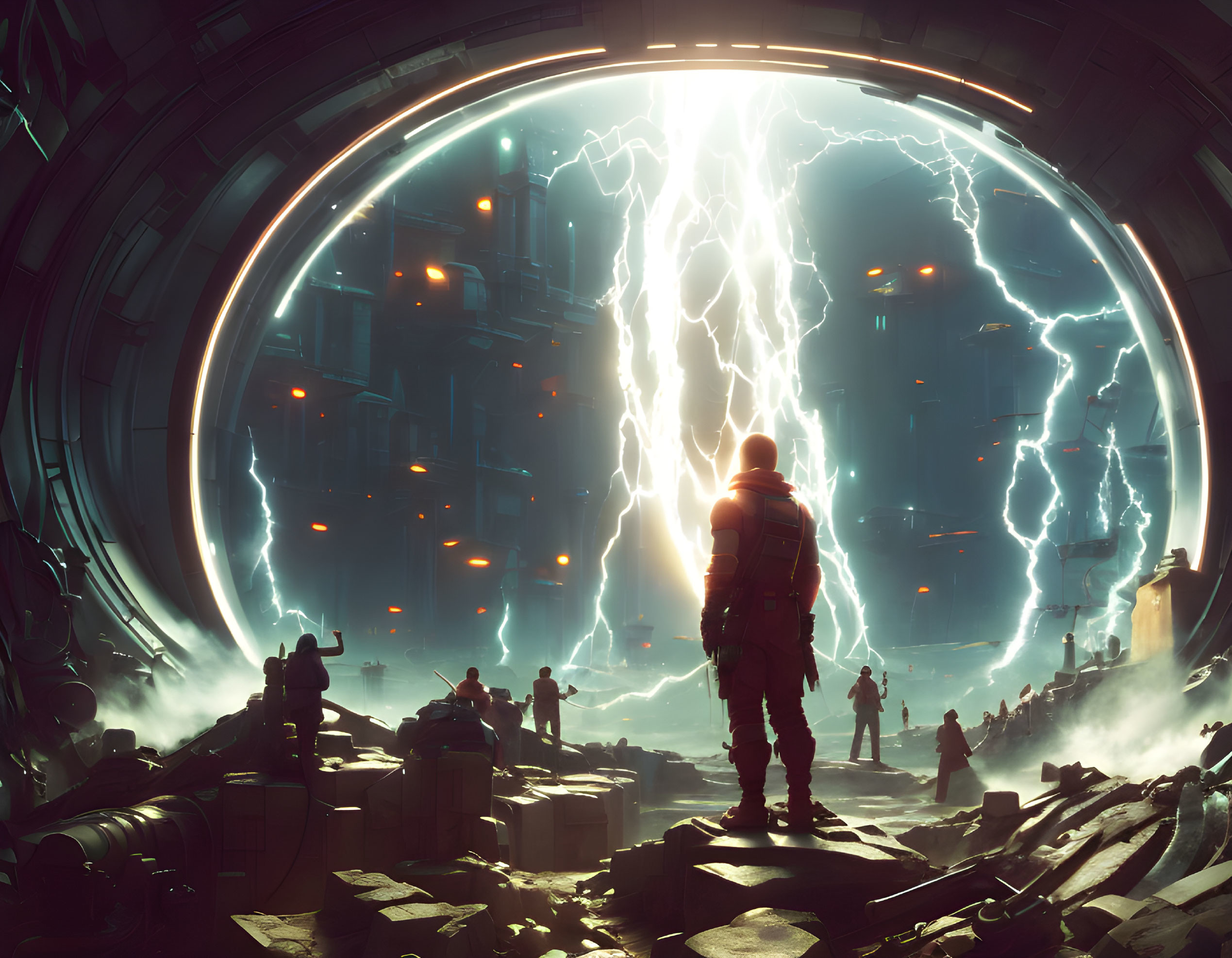 Futuristic scene with person at massive portal amid lightning arcs