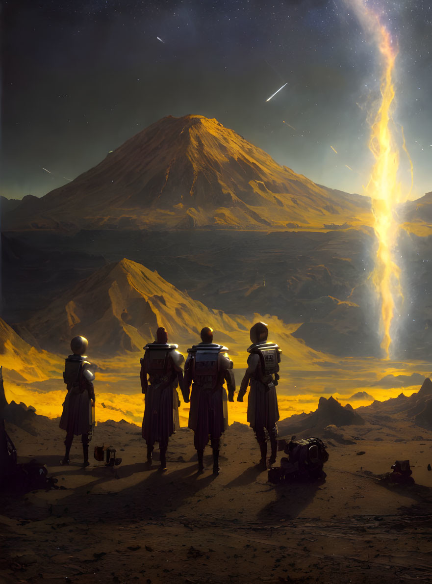 Astronauts with jetpacks in alien volcanic landscape