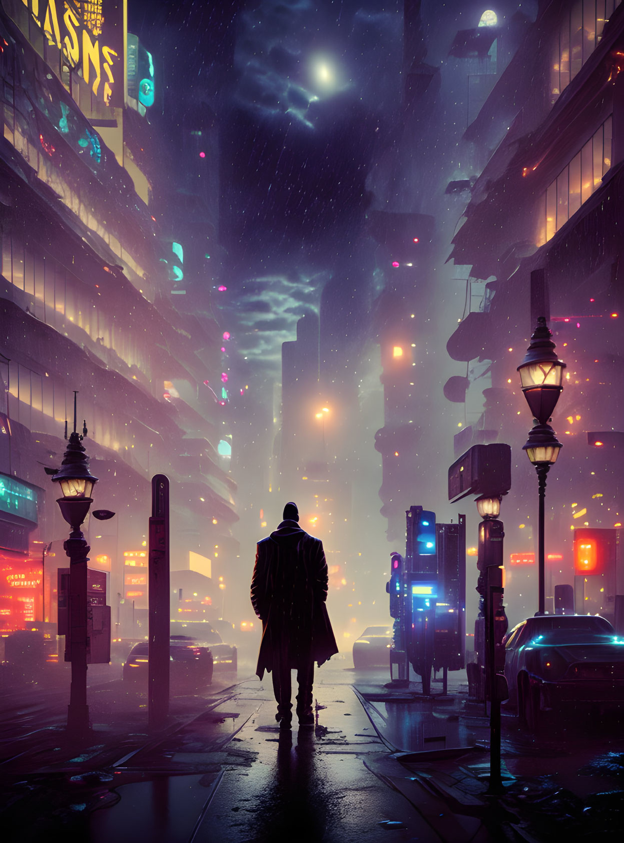 Solitary figure in rain-soaked futuristic city at night