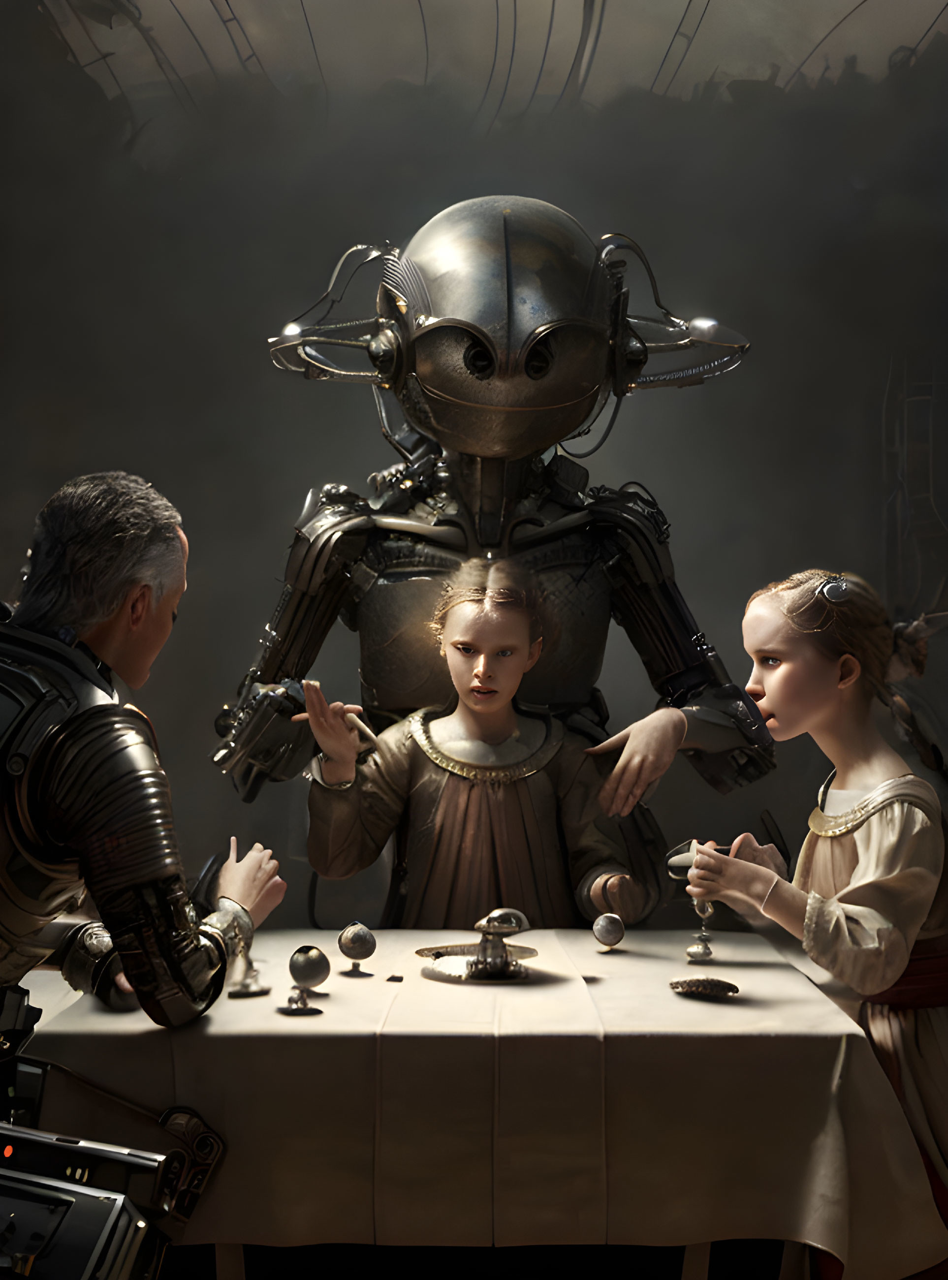 Ornate humanoid robot with man and girls at dimly lit table