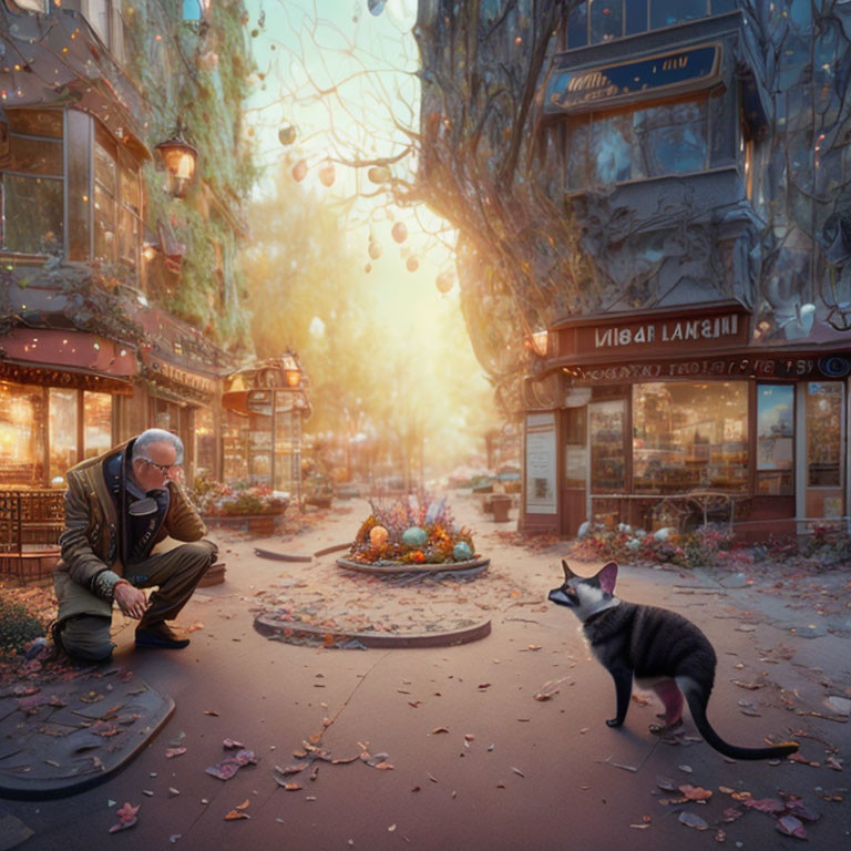 Person kneeling to greet cat on cozy autumn street with sunset.