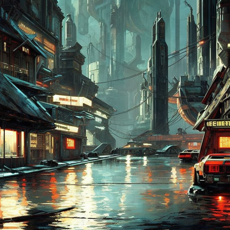 Futuristic cityscape with towering buildings, neon signs, and advanced technology vehicles