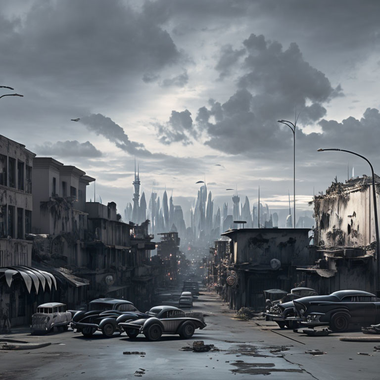 Dystopian urban scene with dilapidated buildings, vintage cars, and futuristic skyscrapers.