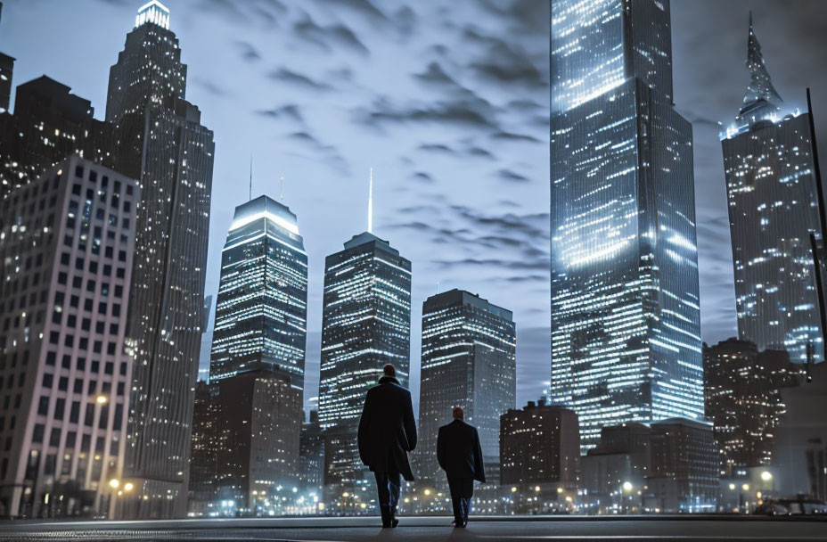 Urban night scene with two people walking amidst skyscrapers and cloudy sky