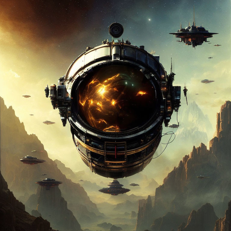 Futuristic spherical space station hovering over rocky terrain