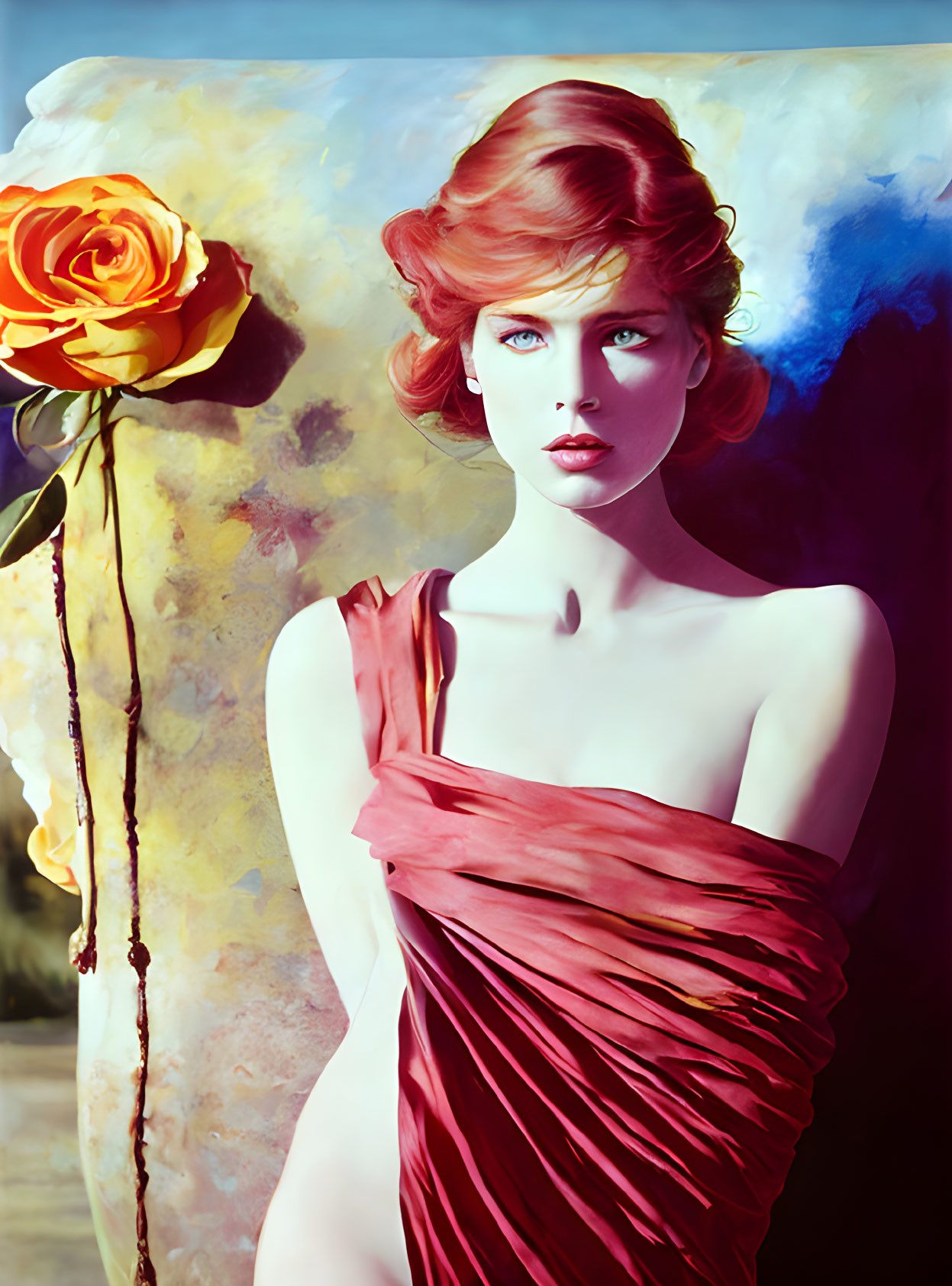 Red-haired woman in vintage attire next to yellow rose on abstract background