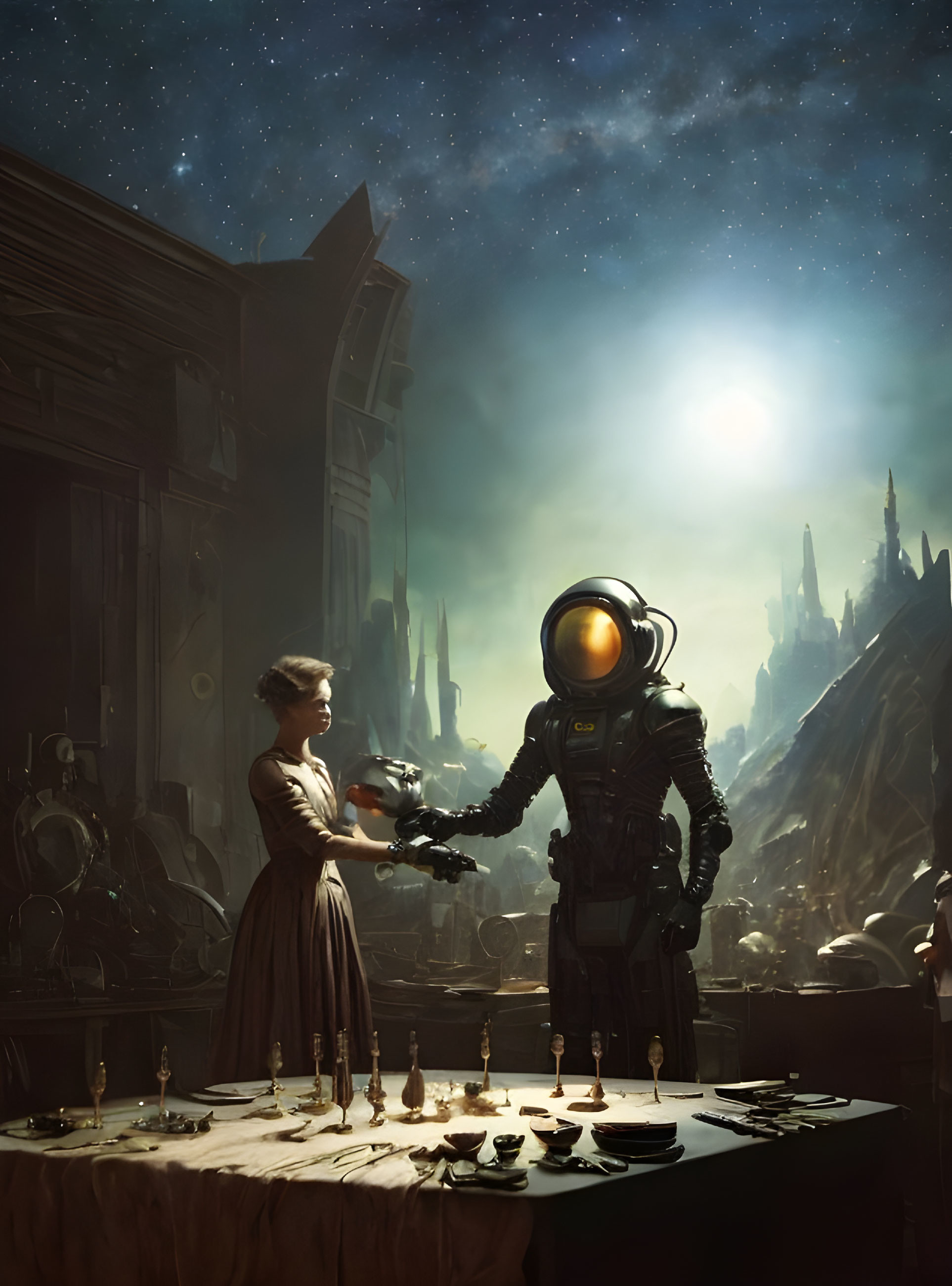 Woman in historical dress and astronaut at tea table in futuristic city ruins