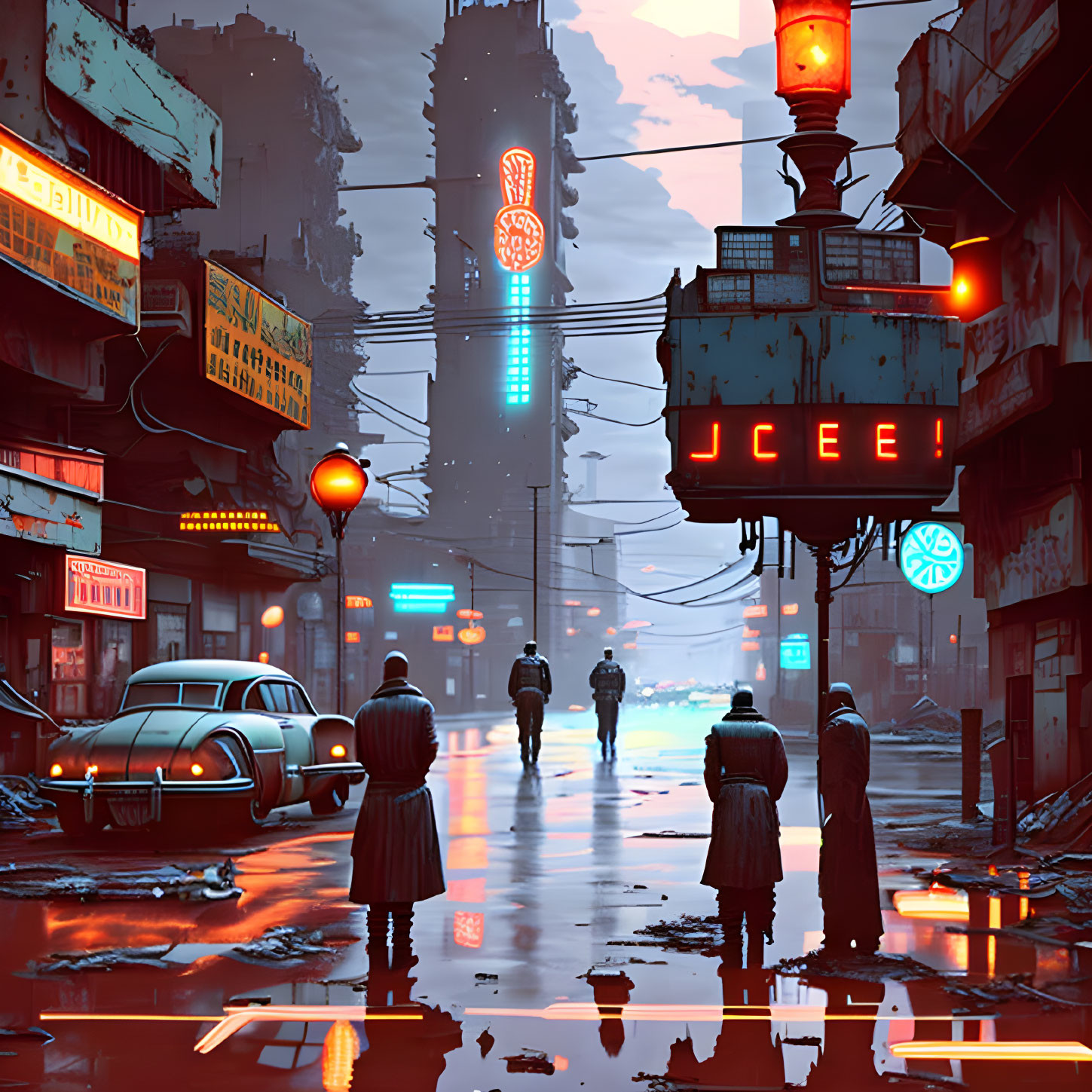 Futuristic cityscape with classic car and trench-coated figures