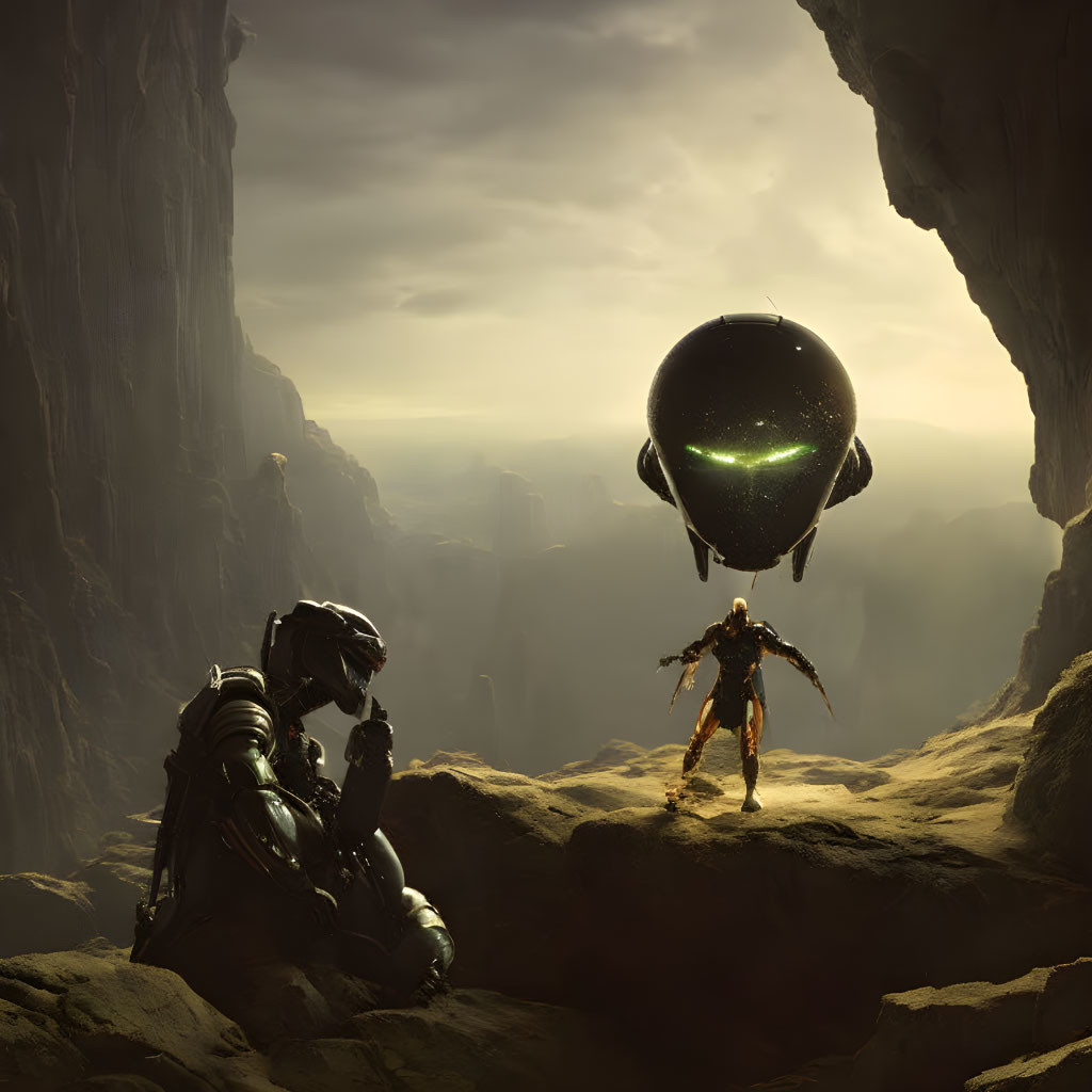 Robot and humanoid on rocky ledge with floating spherical drone and towering cliffs.